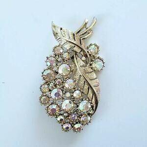 Coro Vintage Brooch Aurora Borealis Rhinestone Goldtone Pin Classic Midcentury